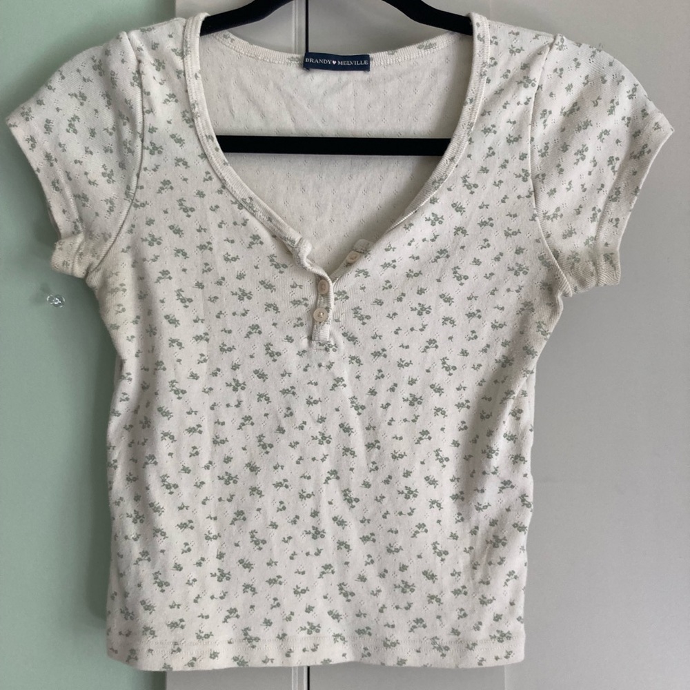 Brandy Melville Cream Green floral tee